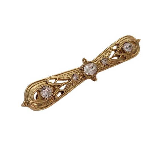 1928 Brand Gold Tone Clear Rhinestone Bar Brooch Pin E883 - Picture 4 of 8